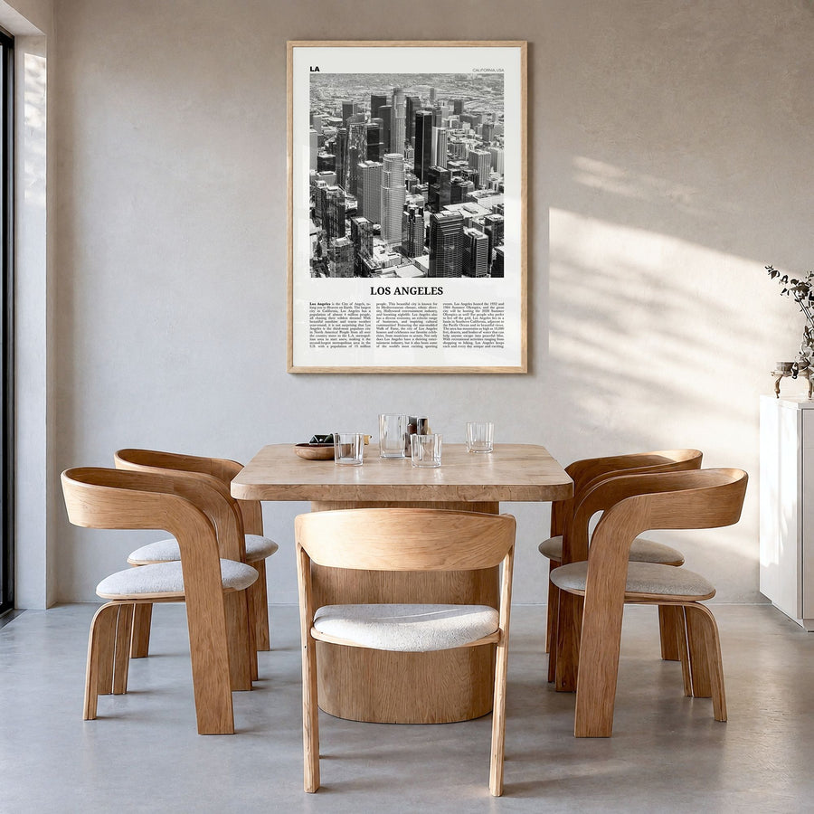 Los Angeles Newspaper No 5 Poster in a natural wood frame, hanging in a dining room