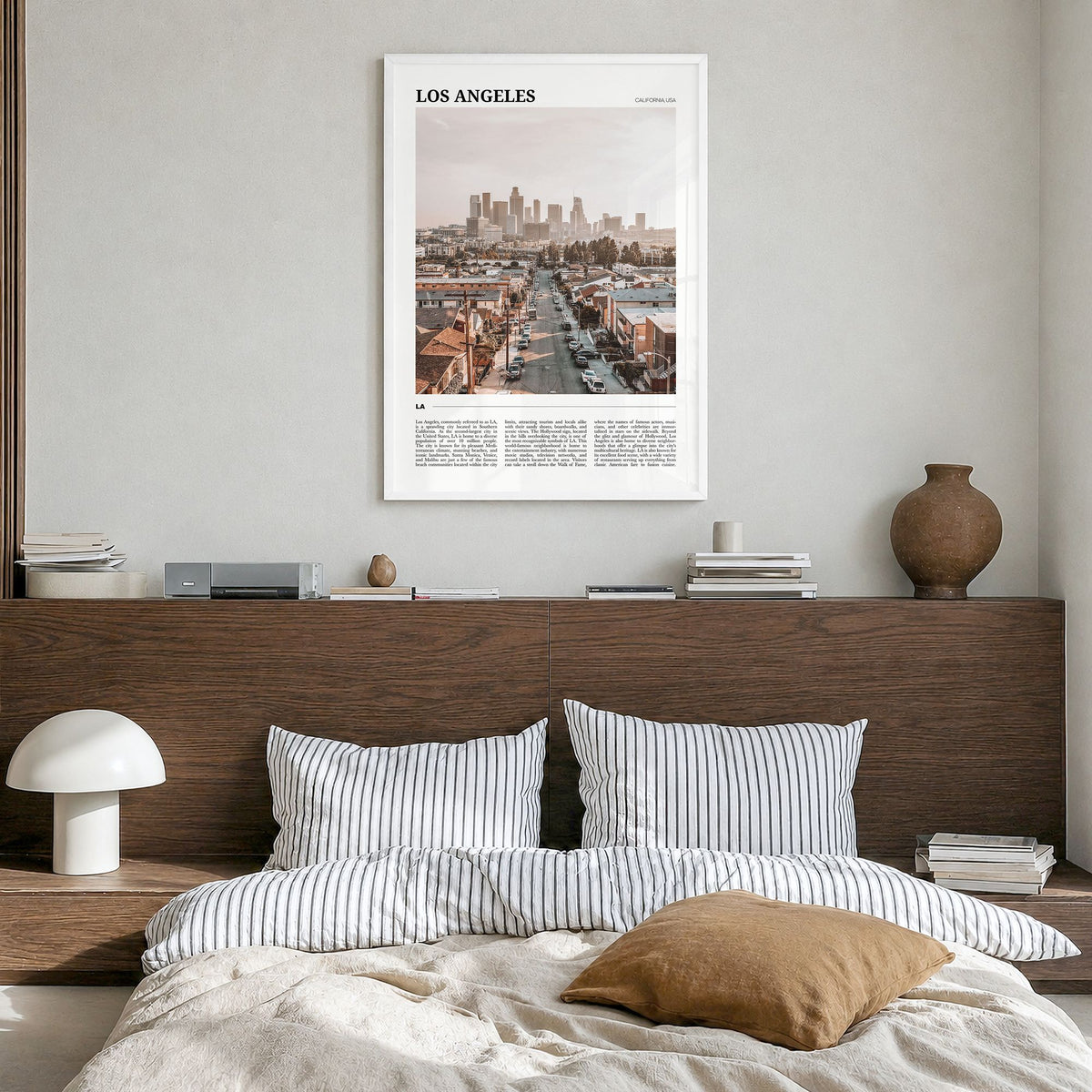 Los Angeles Travel No 2 Poster in a white wood frame, hanging in a bedroom