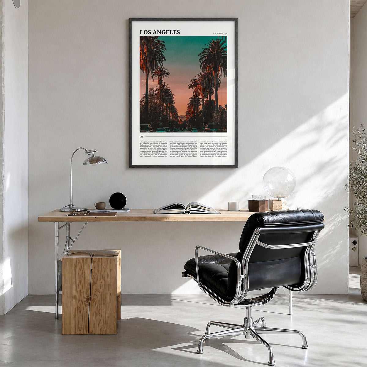 Los Angeles Travel No 3 Poster in a black wood frame, hanging in a bright home office