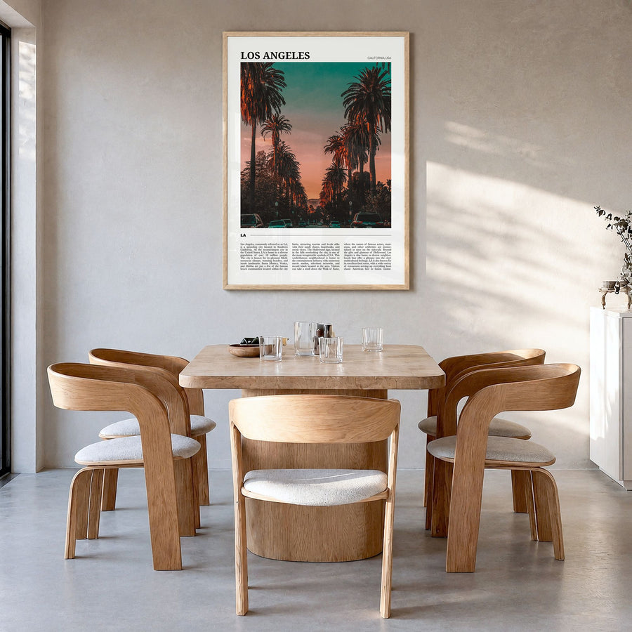 Los Angeles Travel No 3 Poster in a natural wood frame, hanging in a dining room