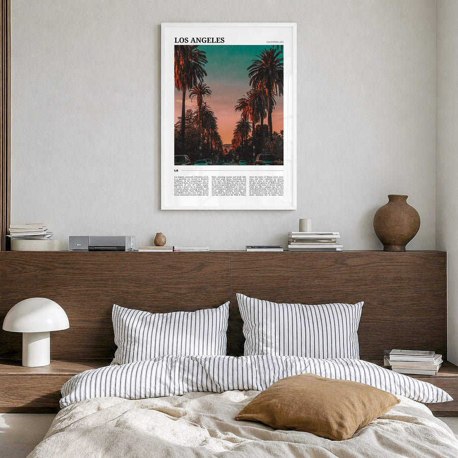 Los Angeles Travel No 3 Poster in a white wood frame, hanging in a bedroom