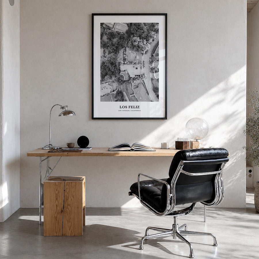 Los Feliz black & white classic poster of Los Angeles, California – vertical wall art in black wood frame, hanging on wall