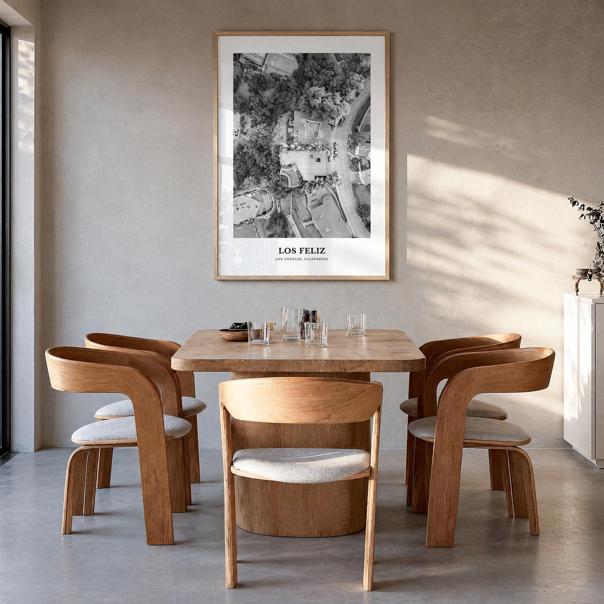 Los Feliz black & white classic poster of Los Angeles, California – vertical wall art in natural wood frame, hanging on wall