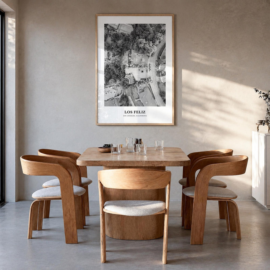 Los Feliz black & white classic poster of Los Angeles, California – vertical wall art in natural wood frame, hanging on wall