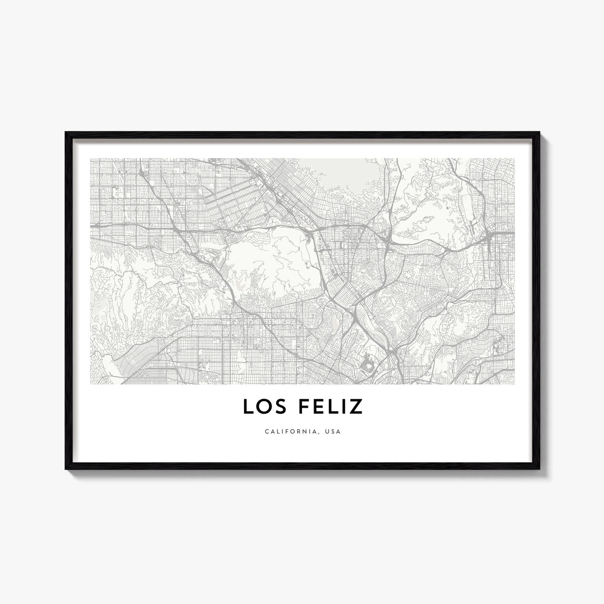 Los Feliz black & white map poster of Los Angeles, California – horizontal wall art, unframed print shown in interior mockup
