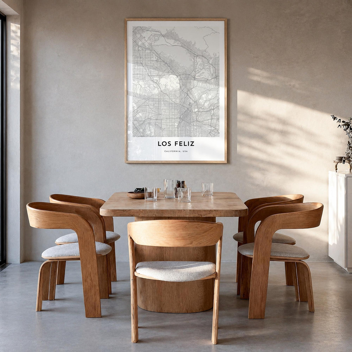 Los Feliz black & white map poster of Los Angeles, California – vertical wall art in natural wood frame, hanging on wall