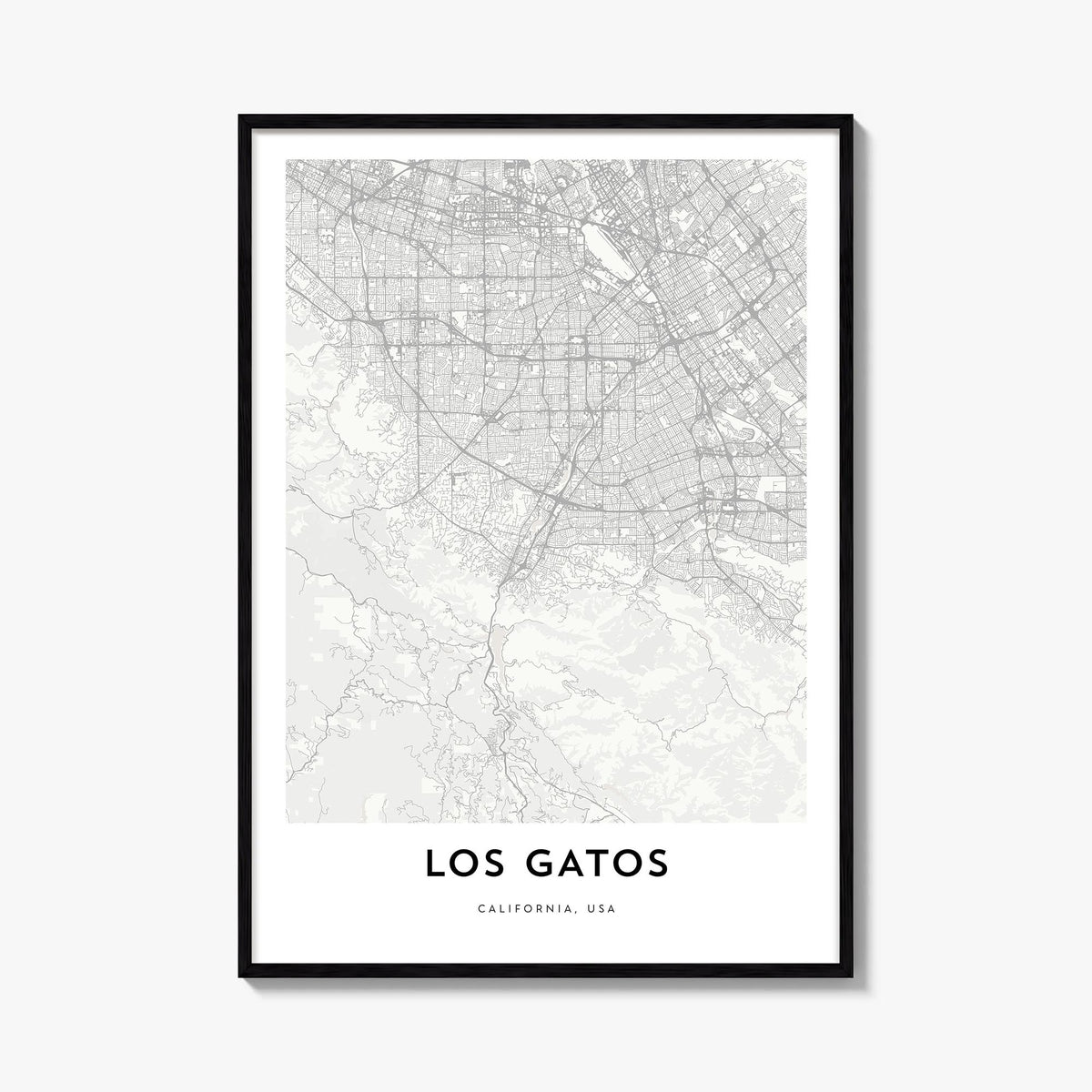 Los Gatos black & white map poster of California, USA – vertical wall art, unframed print shown in interior mockup