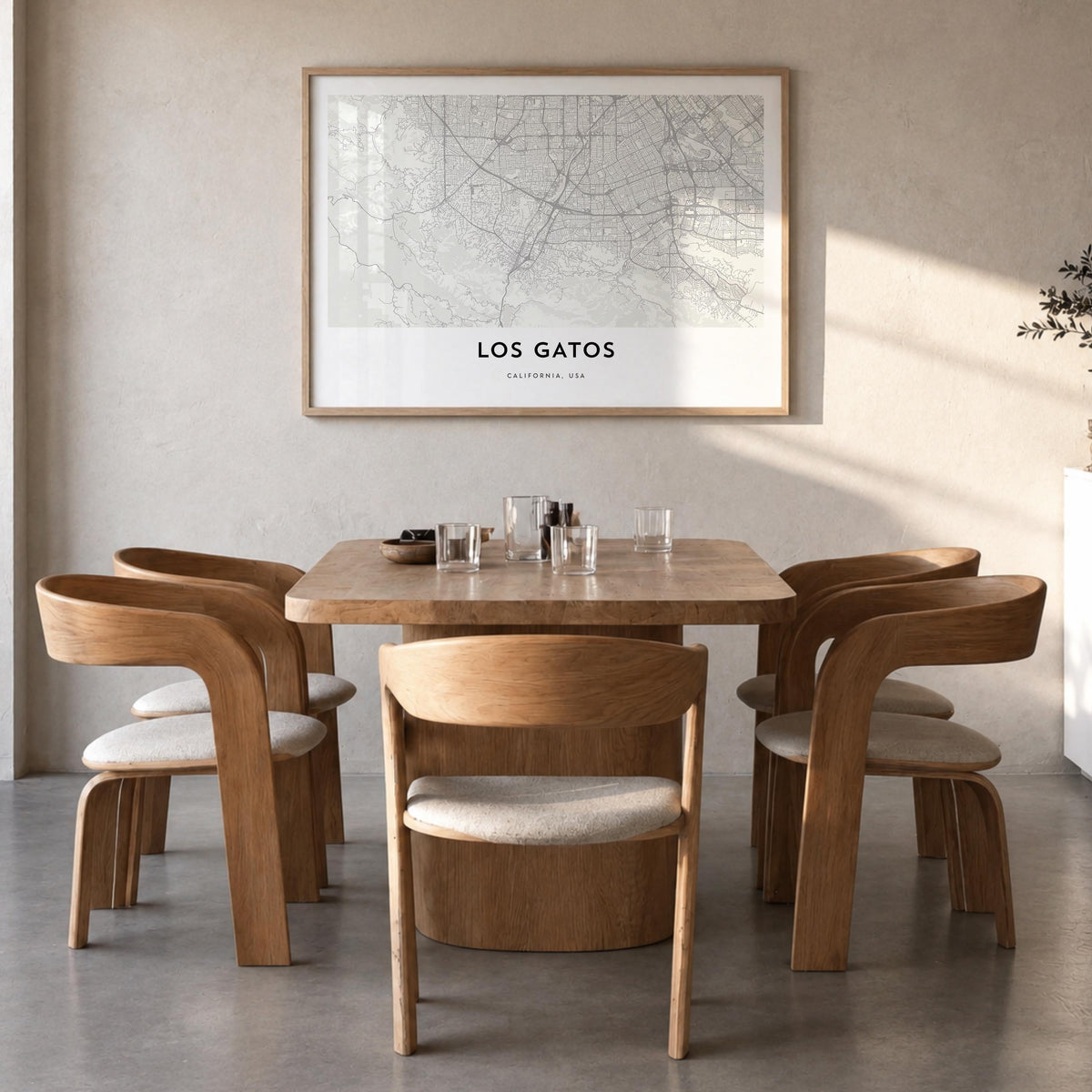 Los Gatos black & white map poster of California, USA – horizontal wall art in natural wood frame, hanging on wall