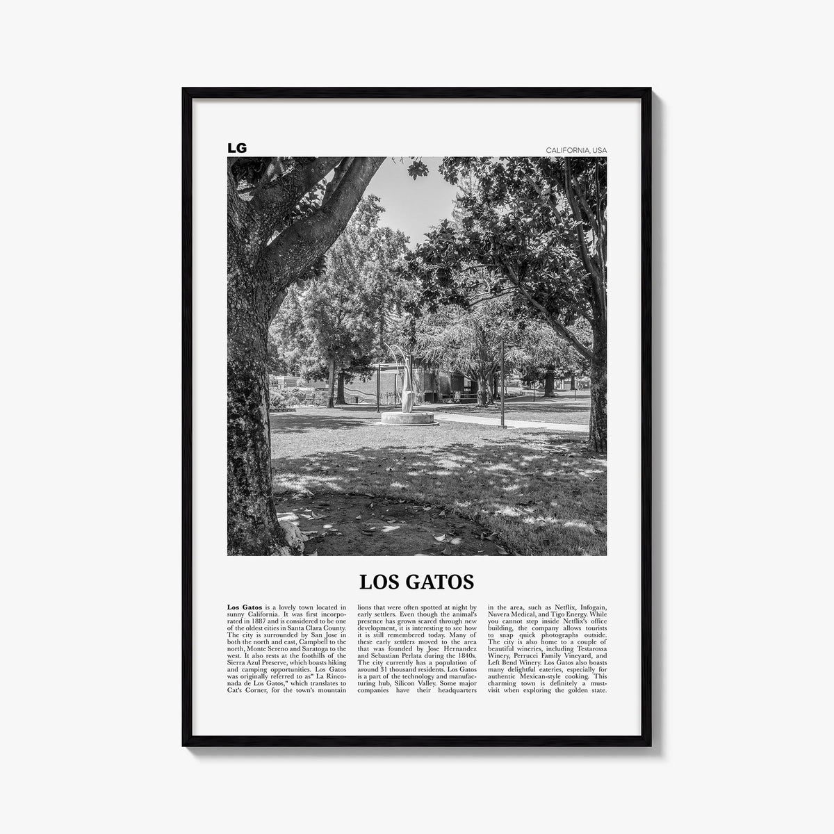Los Gatos black & white newspaper poster of California, USA – vertical wall art, unframed print shown in interior mockup