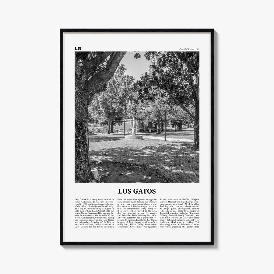 Los Gatos black & white newspaper poster of California, USA – vertical wall art, unframed print shown in interior mockup