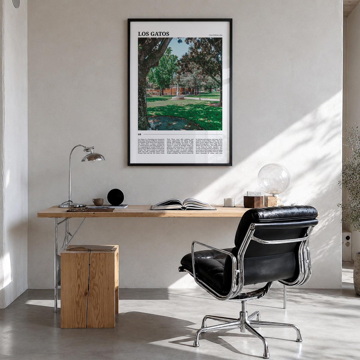 Los Gatos colorful travel poster of California, USA – vertical wall art in black wood frame, hanging on wall