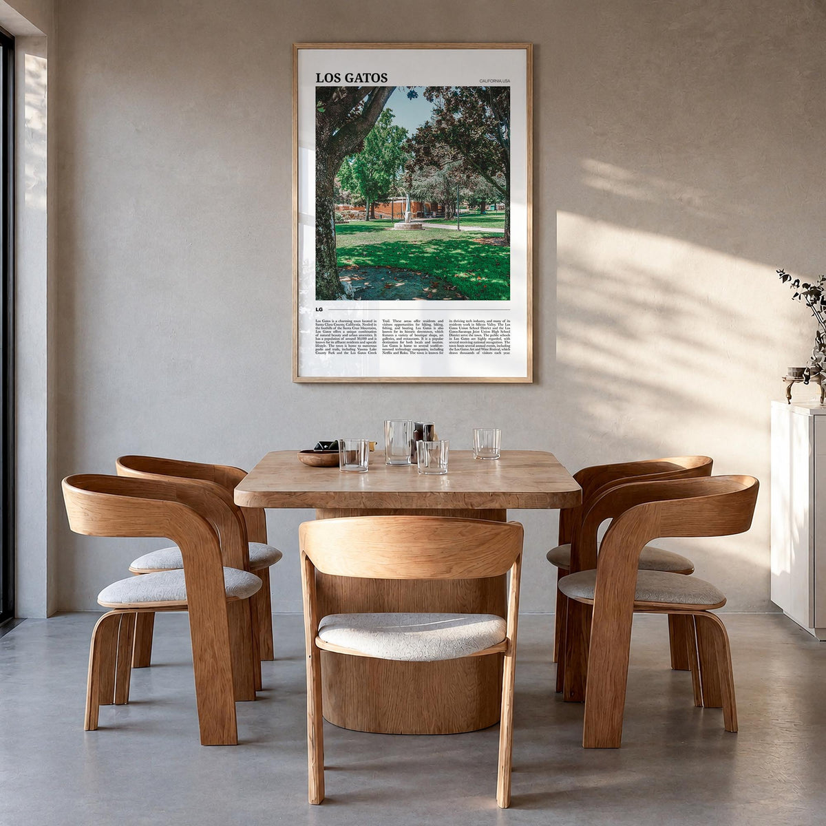 Los Gatos colorful travel poster of California, USA – vertical wall art in natural wood frame, hanging on wall