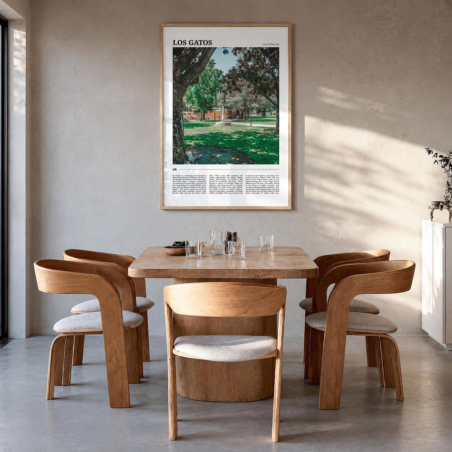 Los Gatos colorful travel poster of California, USA – vertical wall art in natural wood frame, hanging on wall