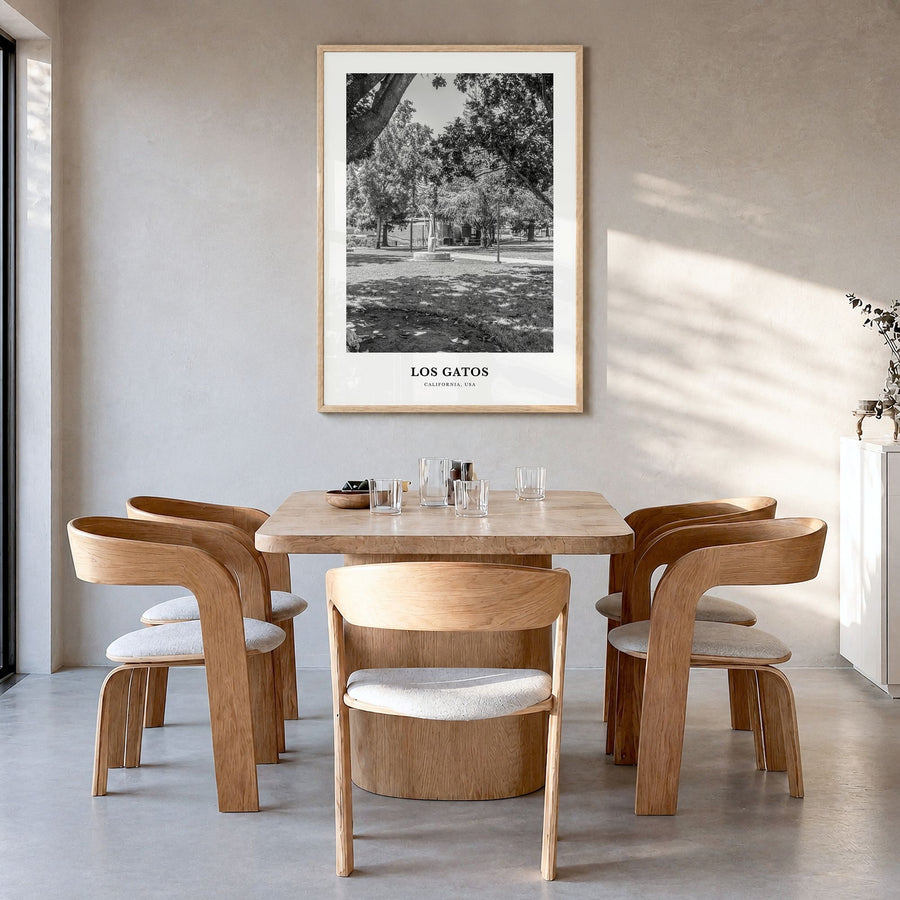 Los Gatos Classic Poster in a natural wood frame, hanging in a dining room