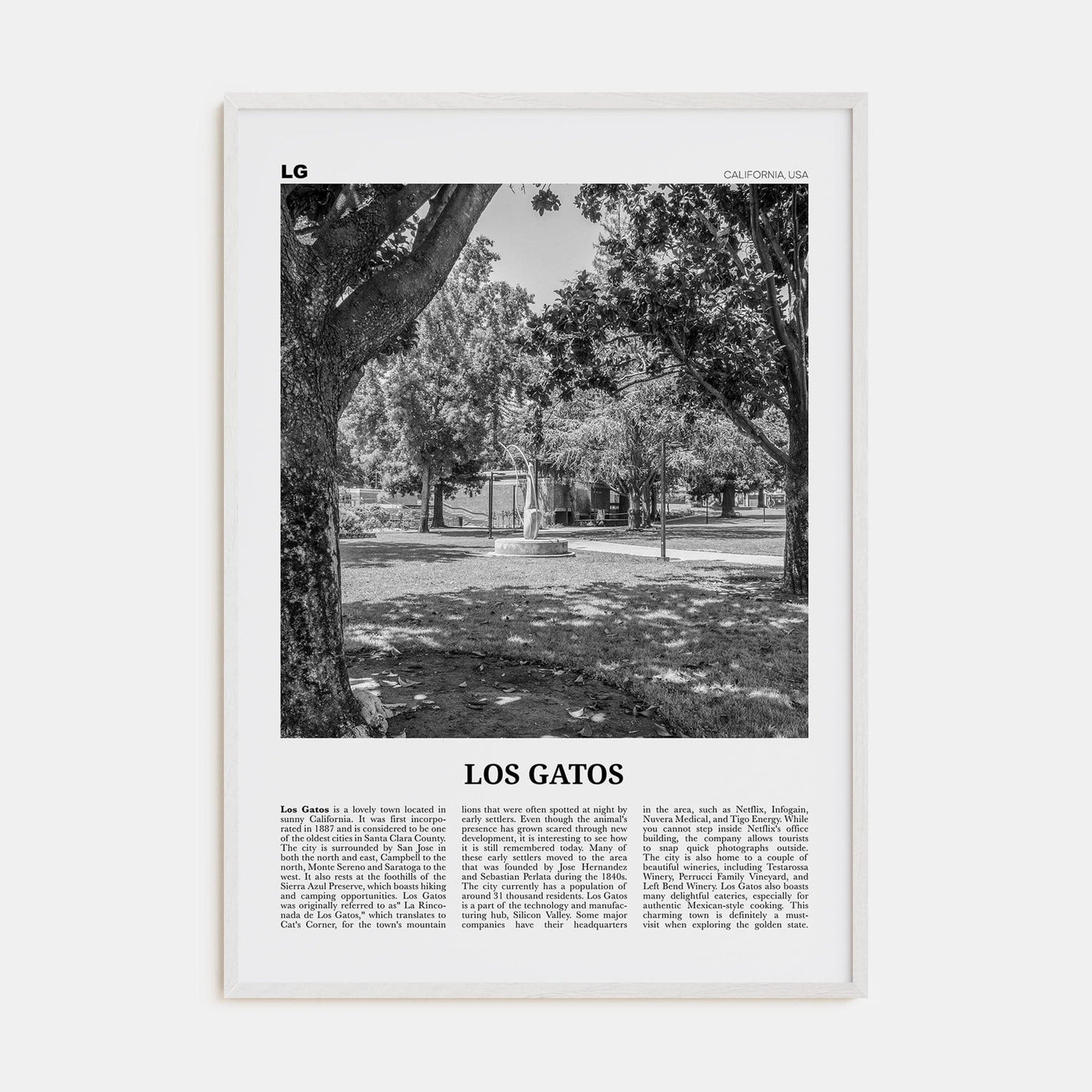 Los Gatos Poster White Wood / 8x12 in Nbourhood Travel B&W Poster