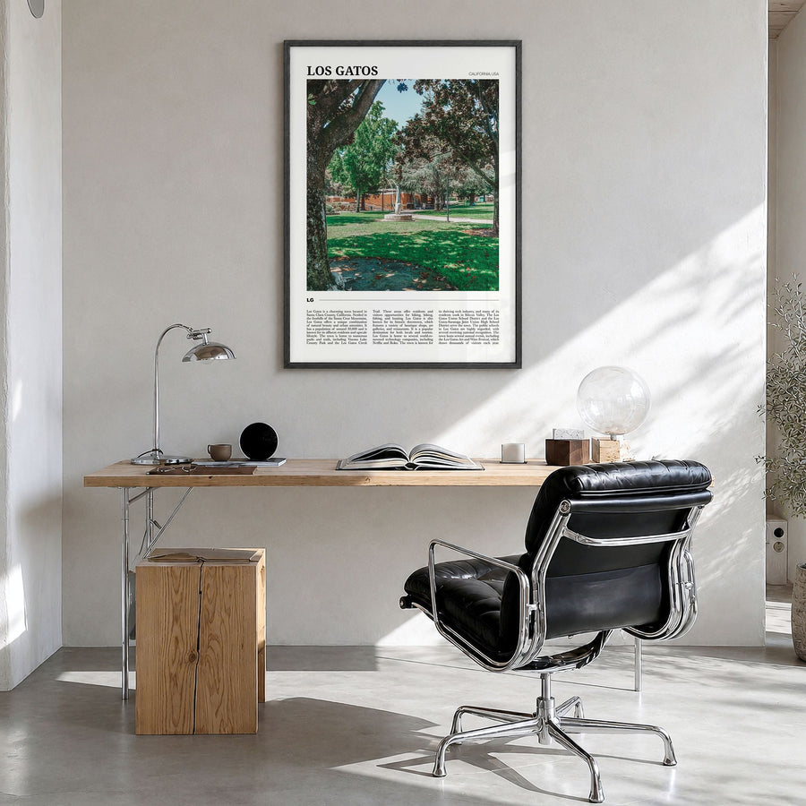 Los Gatos Travel Poster in a black wood frame, hanging in a bright home office