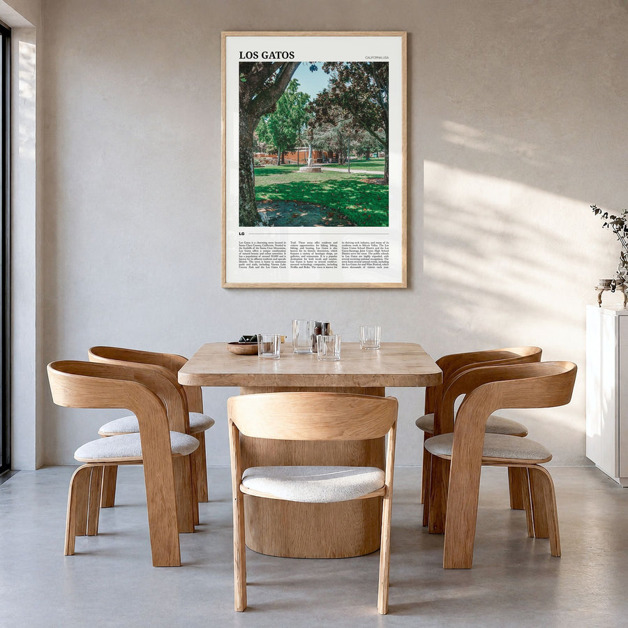 Los Gatos Travel Poster in a natural wood frame, hanging in a dining room