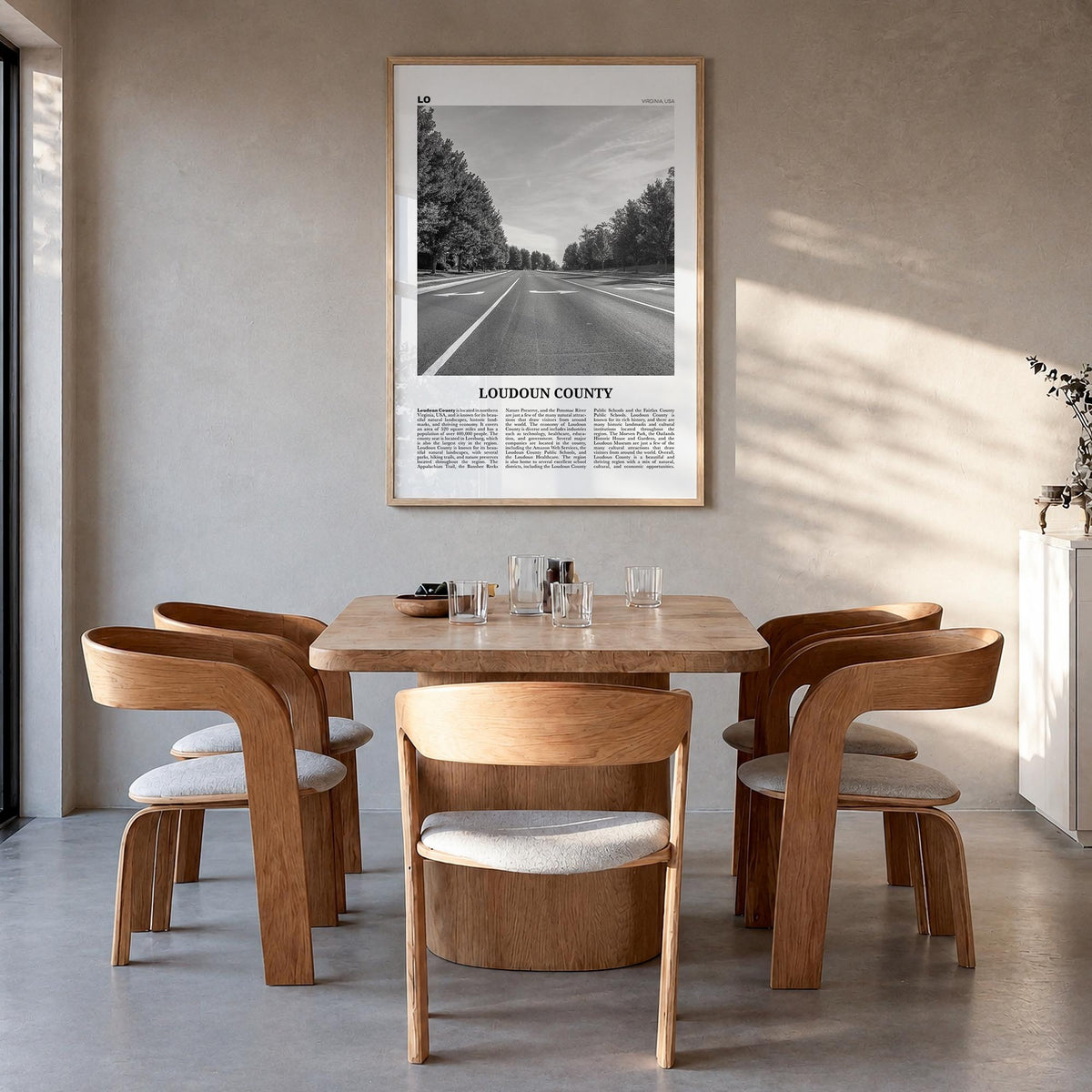 Loudoun County black & white newspaper poster of Virginia, USA – vertical wall art in natural wood frame, hanging on wall