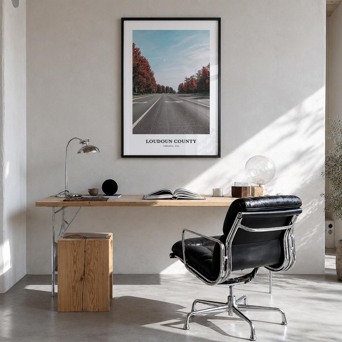 Loudoun County colorful classic poster of Virginia, USA – vertical wall art in black wood frame, hanging on wall