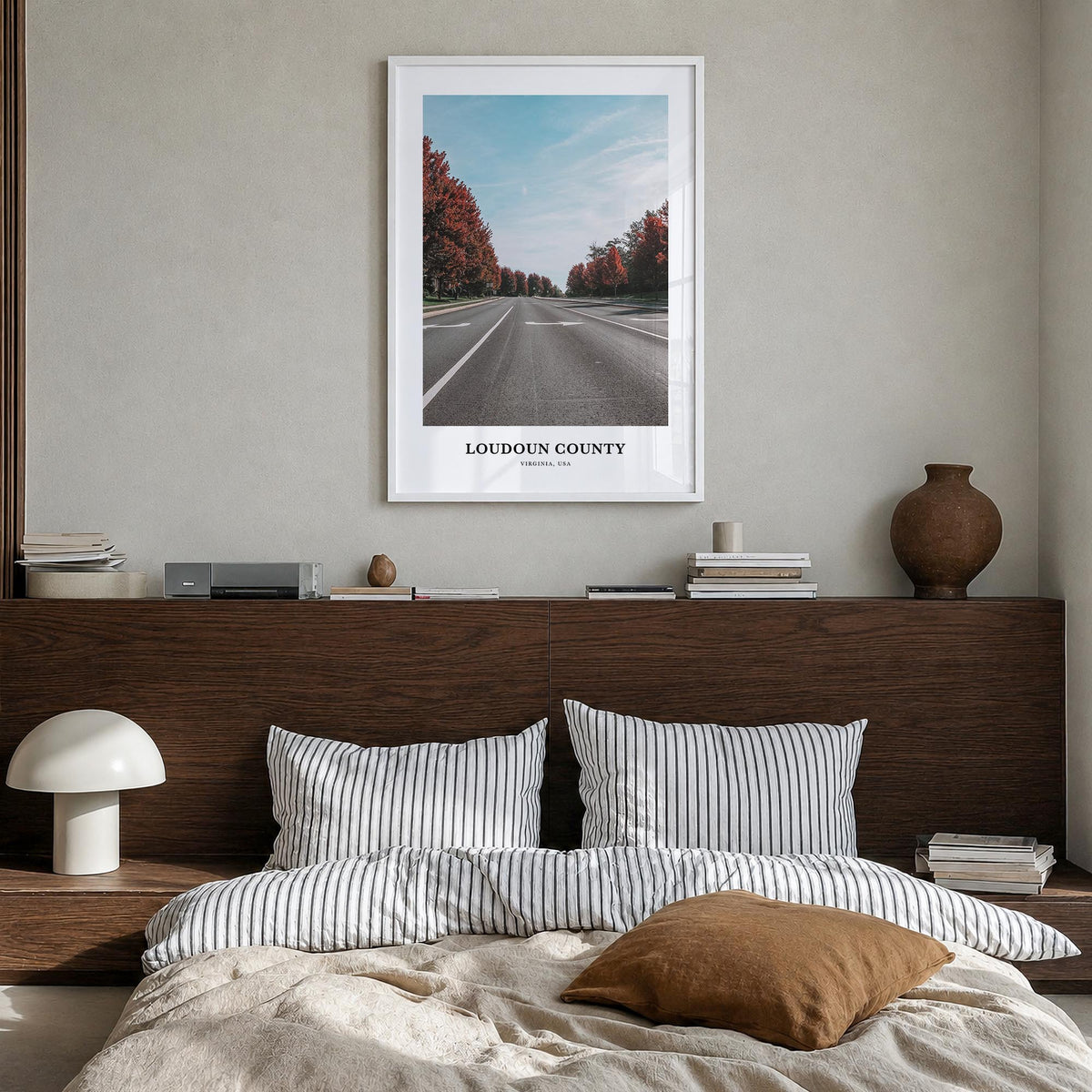 Loudoun County colorful classic poster of Virginia, USA – vertical wall art in white wood frame, hanging on wall