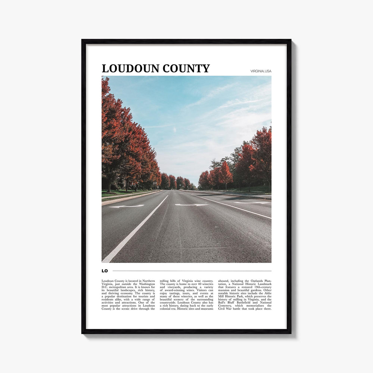 Loudoun County colorful travel poster of Virginia, USA – vertical wall art, unframed print shown in interior mockup