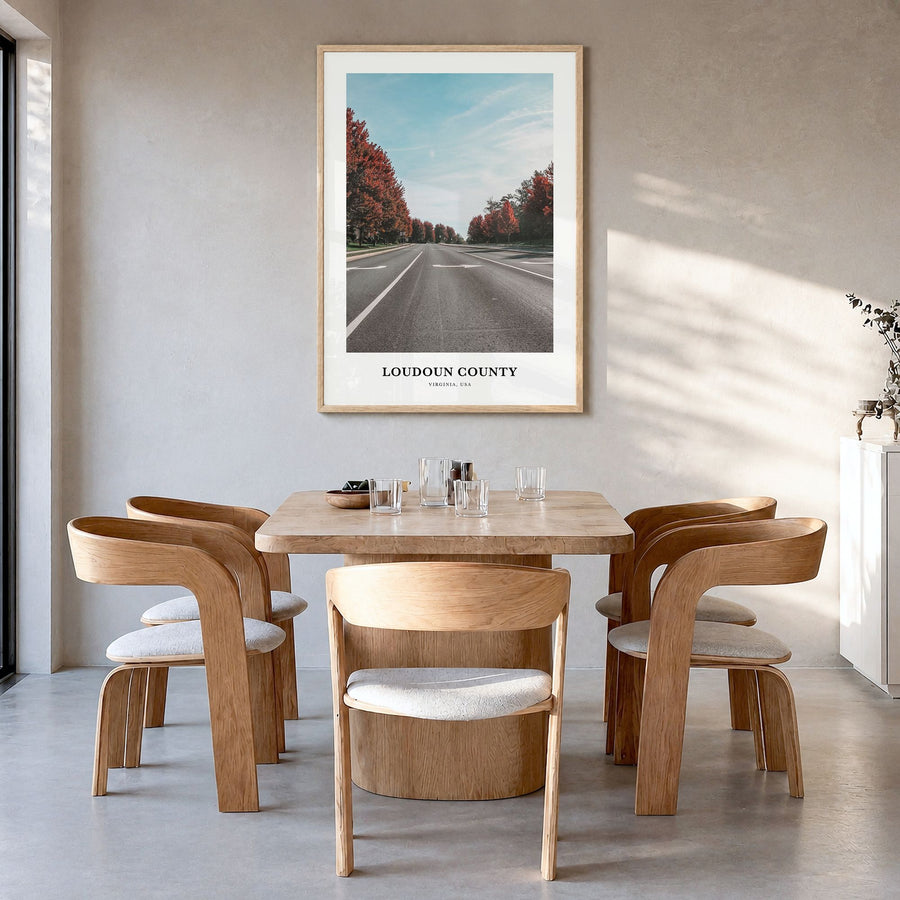 Loudoun County Classic Poster in a natural wood frame, hanging in a dining room