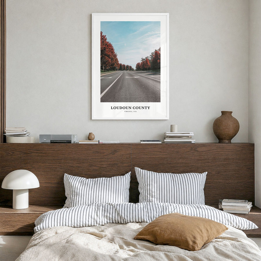 Loudoun County Classic Poster in a white wood frame, hanging in a bedroom