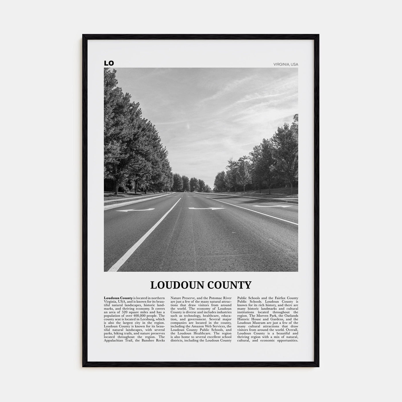 Loudoun County Poster Black Wood / 8x12 in Nbourhood Travel B&W Poster