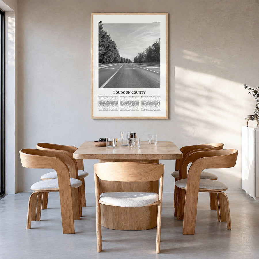 Loudoun County Newspaper Poster in a natural wood frame, hanging in a dining room