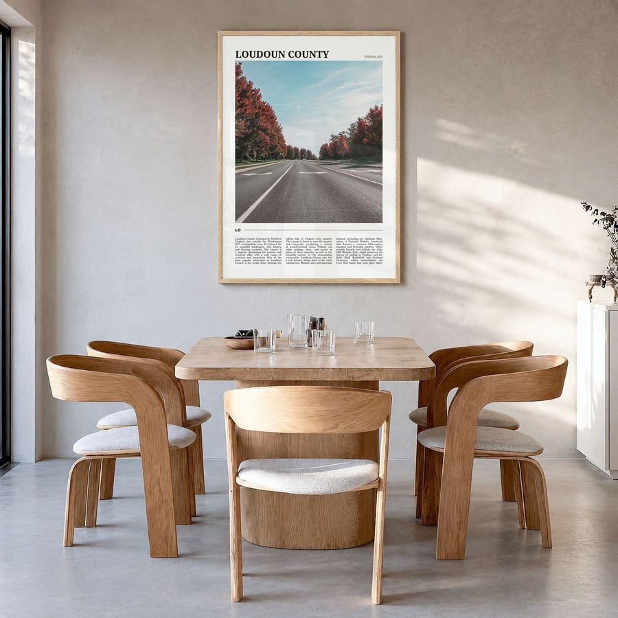 Loudoun County Travel Poster in a natural wood frame, hanging in a dining room