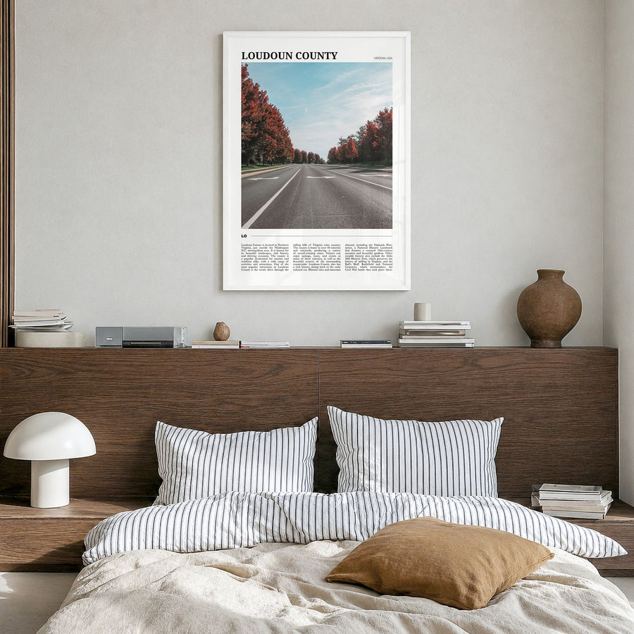 Loudoun County Travel Poster in a white wood frame, hanging in a bedroom