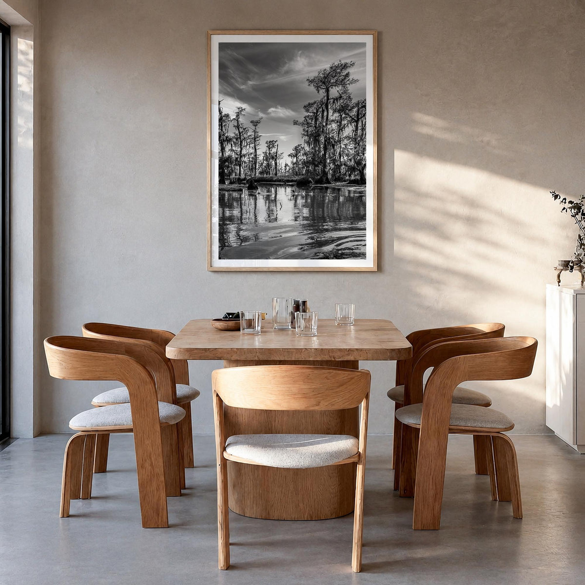 Louisiana black & white photo poster of United States – vertical wall art in natural wood frame with white border, hanging on