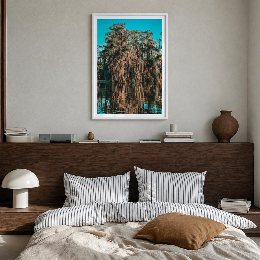 Louisiana no. 1 colorful photo poster of United States – vertical wall art in white wood frame with white border, hanging on 