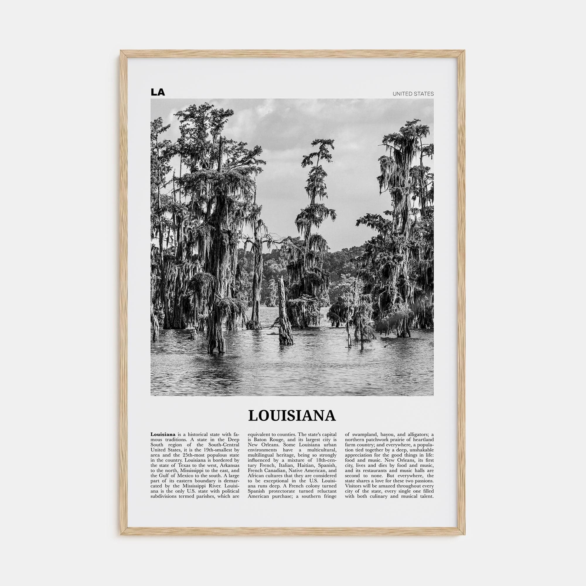 Louisiana No 1 Poster Natural Wood / 8x12 in Nbourhood Travel B&W Poster