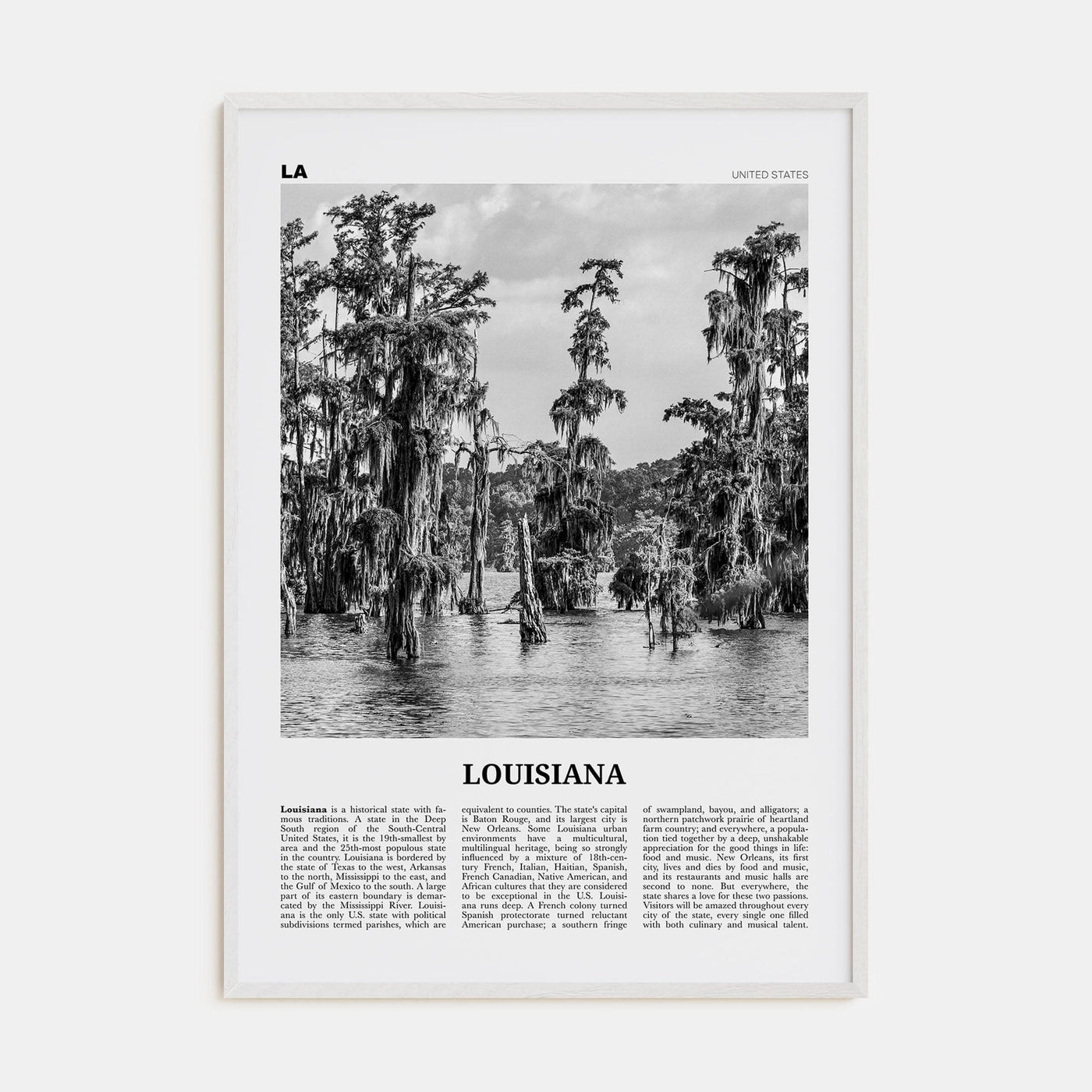 Louisiana No 1 Poster White Wood / 8x12 in Nbourhood Travel B&W Poster