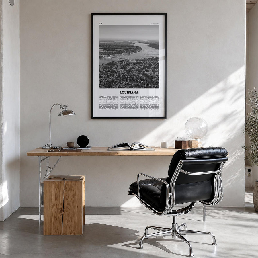 Louisiana no. 2 black & white newspaper poster of United States – vertical wall art in black wood frame, hanging on wall