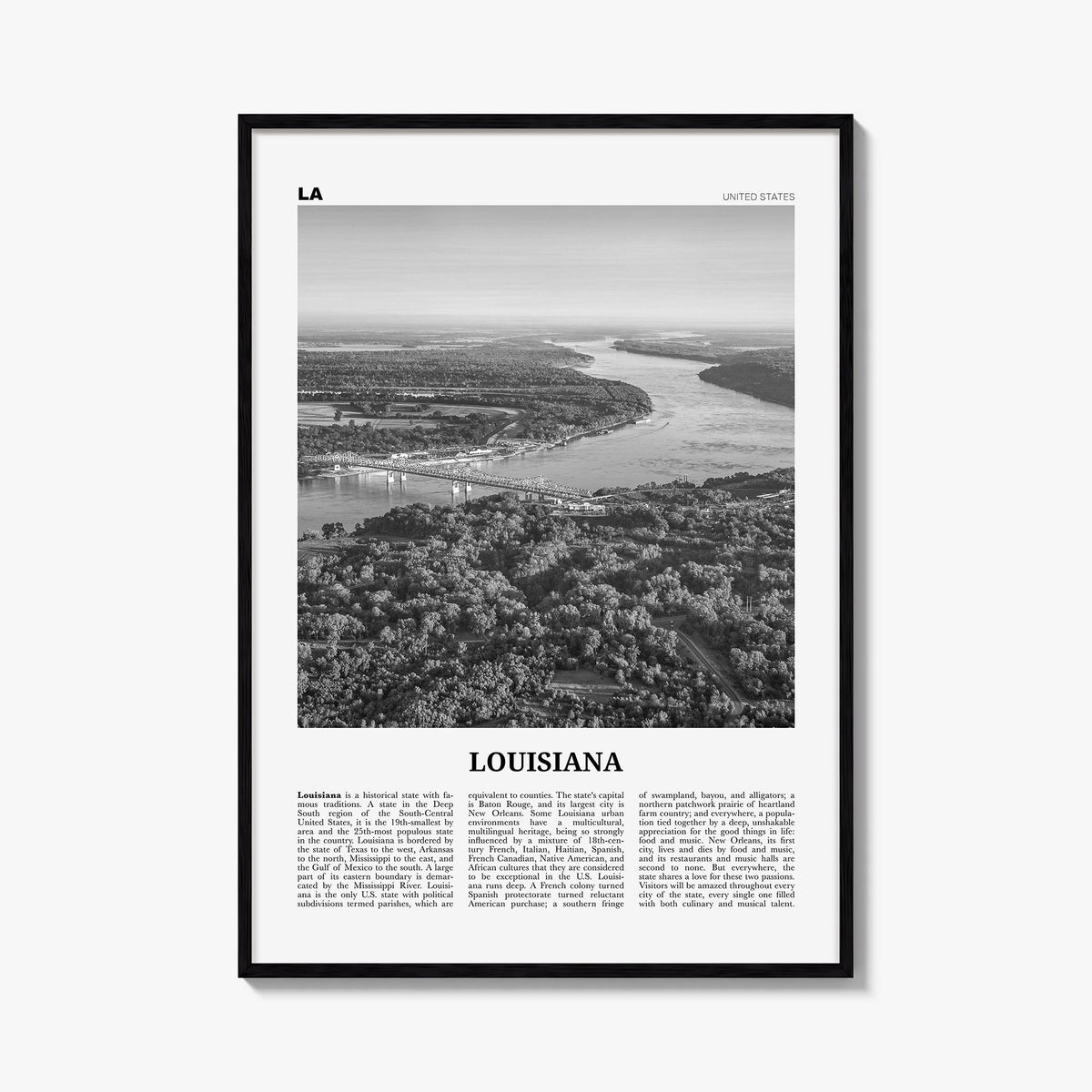 Louisiana no. 2 black & white newspaper poster of United States – vertical wall art, unframed print shown in interior mockup
