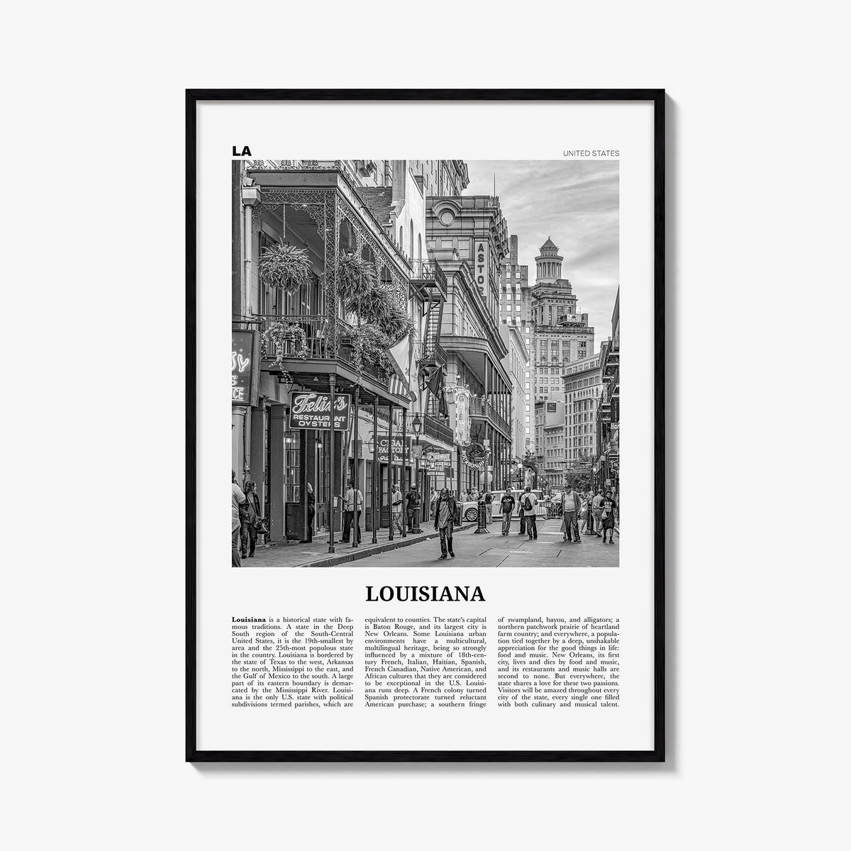 Louisiana no. 3 black & white newspaper poster of United States – vertical wall art, unframed print shown in interior mockup