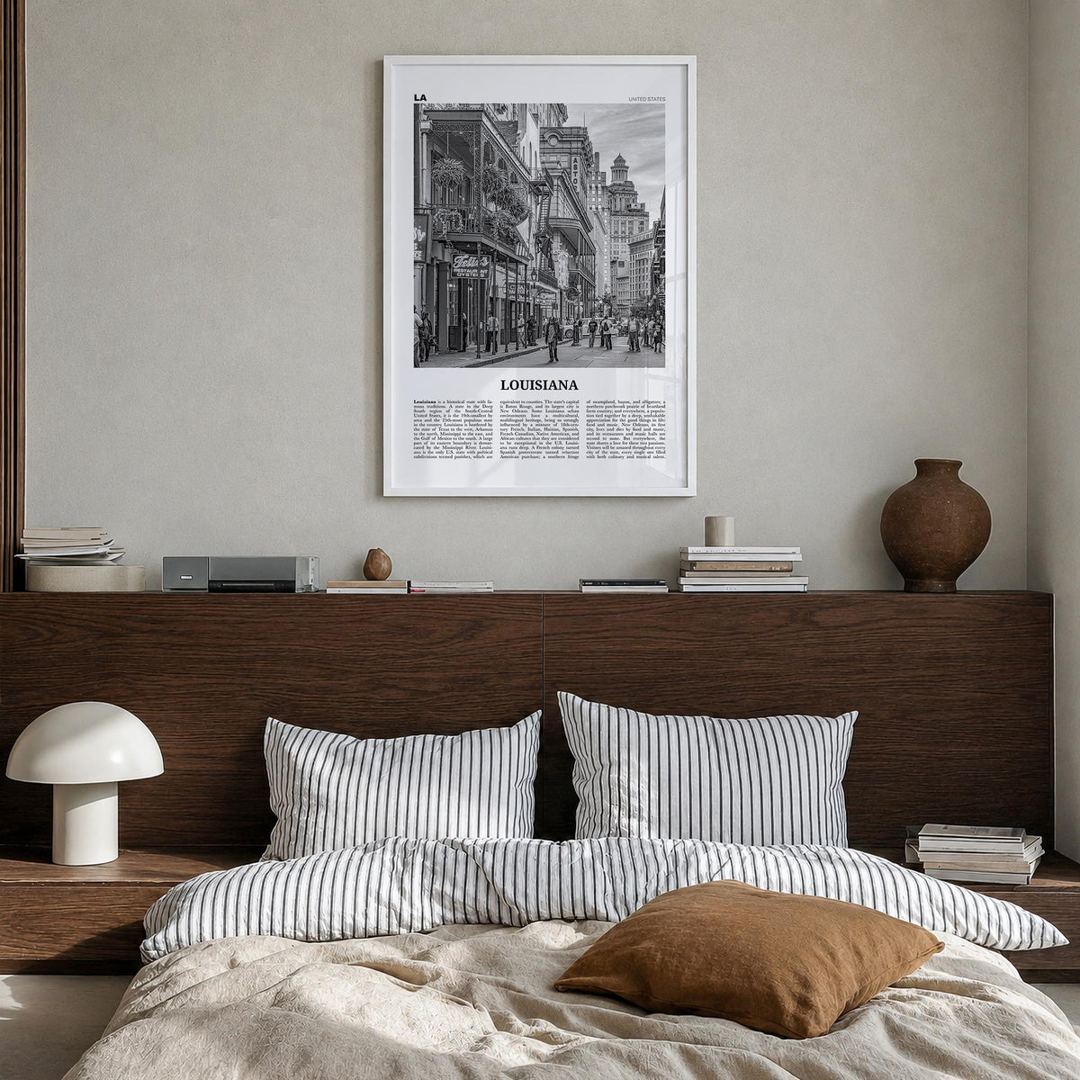 Louisiana no. 3 black & white newspaper poster of United States – vertical wall art in white wood frame, hanging on wall