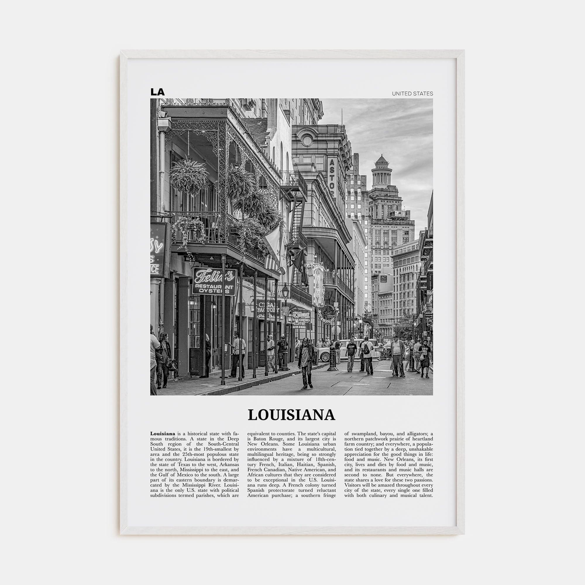 Louisiana No 3 Poster White Wood / 8x12 in Nbourhood Travel B&W Poster