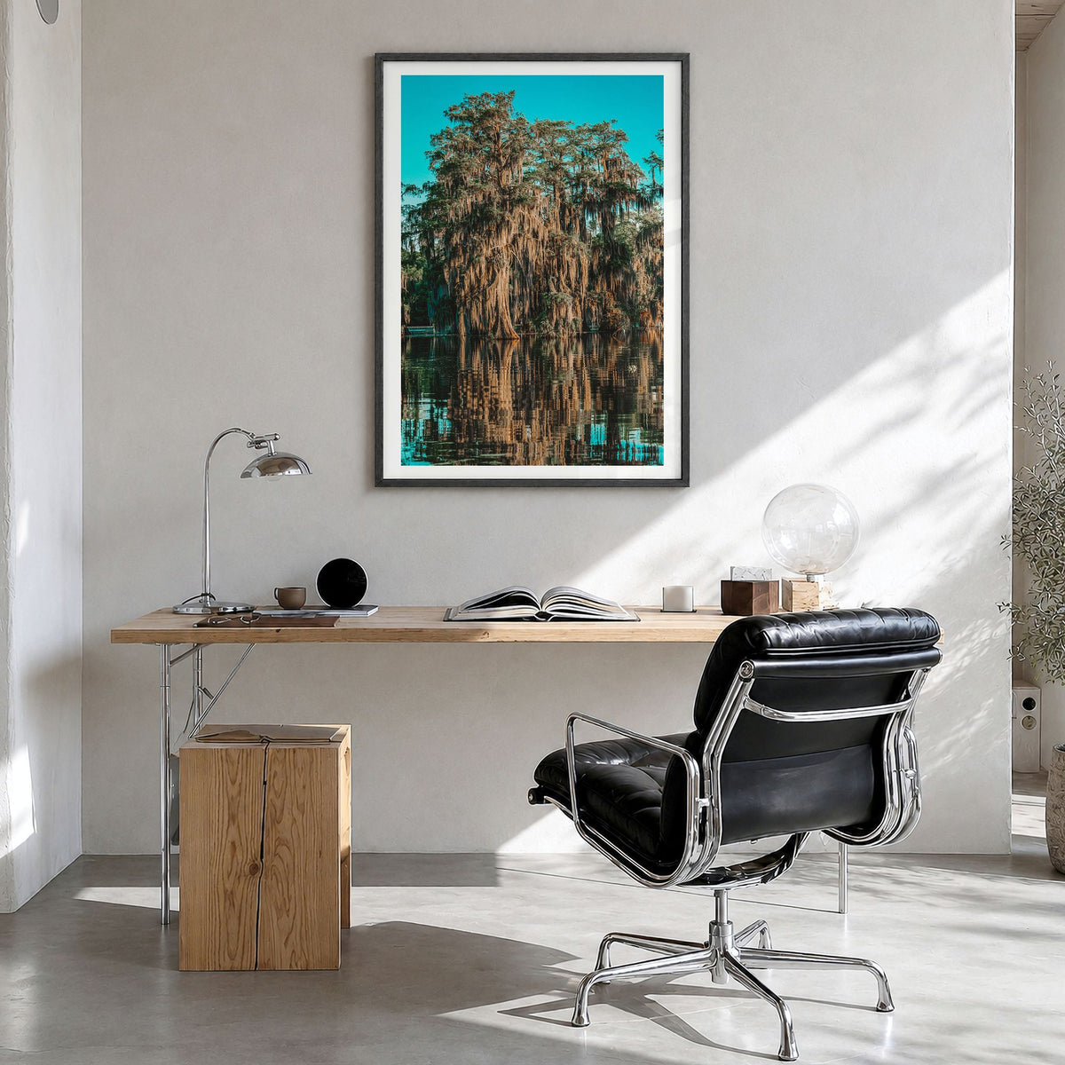 Louisiana Photo No 1 Poster in a black wood frame, hanging in a bright home office, white border