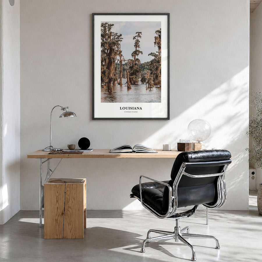 Louisiana Classic Poster in a black wood frame, hanging in a bright home office