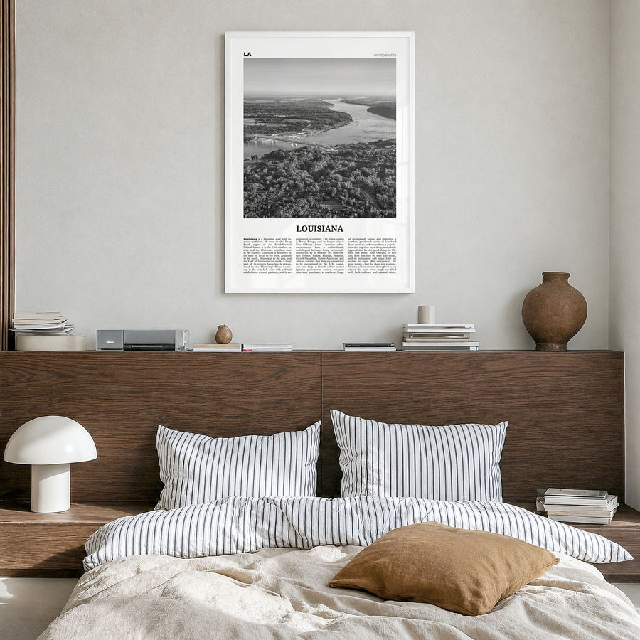 Louisiana Newspaper No 2 Poster in a white wood frame, hanging in a bedroom