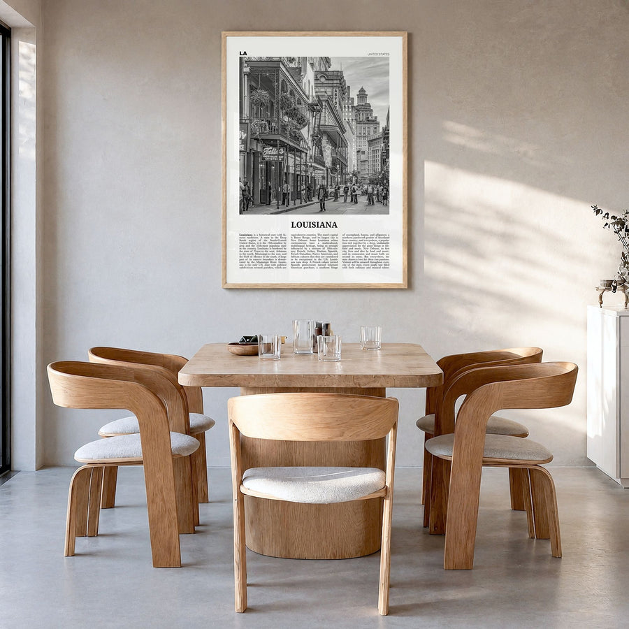 Louisiana Newspaper No 3 Poster in a natural wood frame, hanging in a dining room