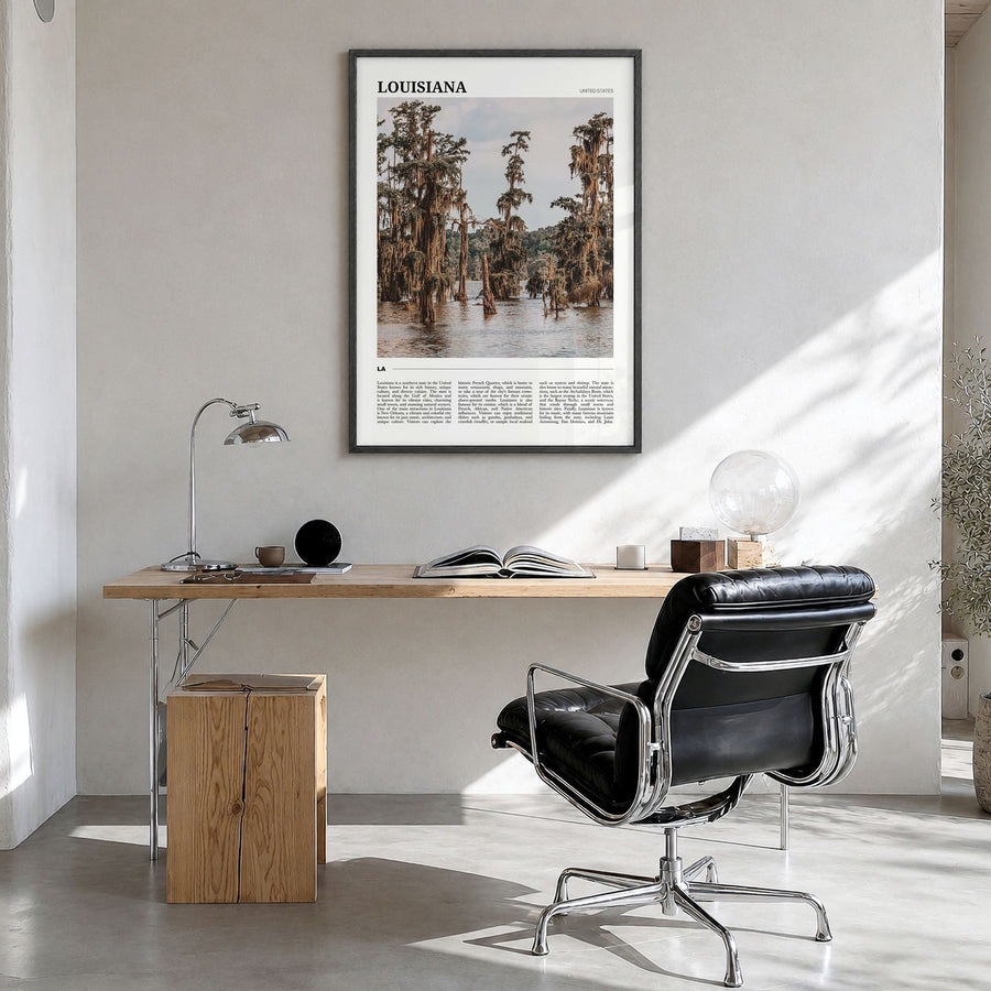 Louisiana Travel Poster in a black wood frame, hanging in a bright home office