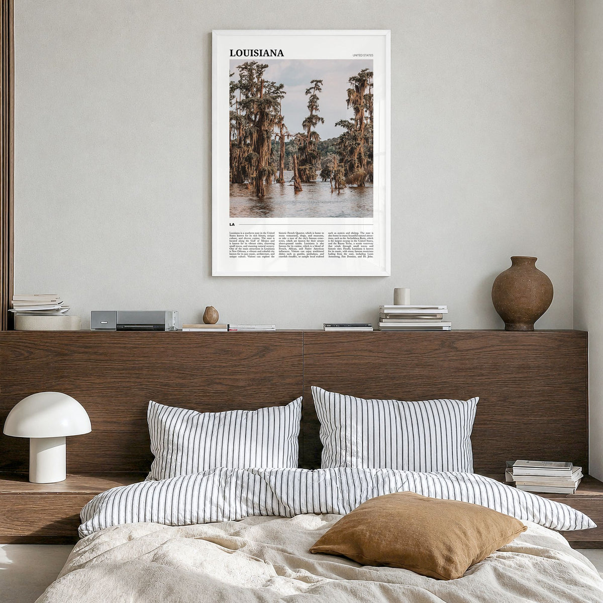 Louisiana Travel Poster in a white wood frame, hanging in a bedroom