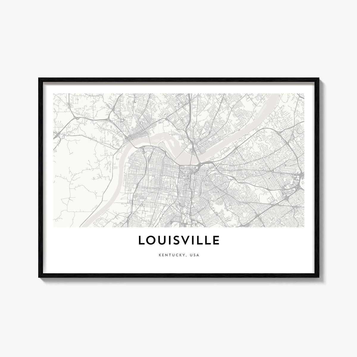 Louisville black & white map poster of Kentucky, USA – horizontal wall art, unframed print shown in interior mockup