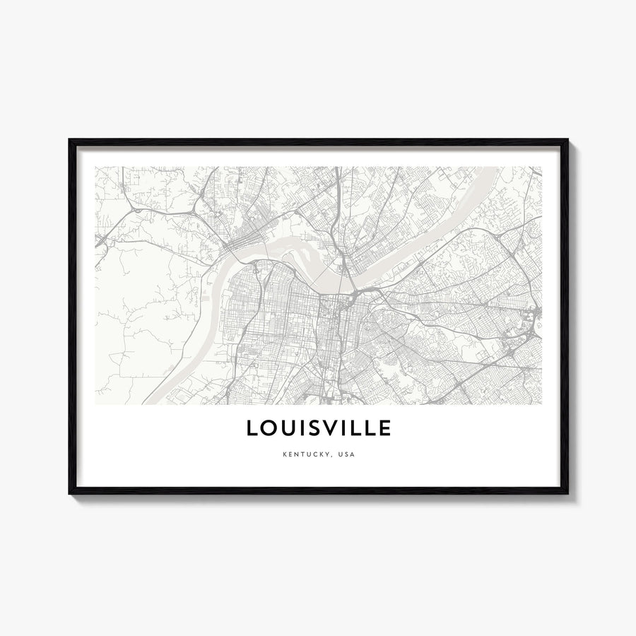Louisville black & white map poster of Kentucky, USA – horizontal wall art, unframed print shown in interior mockup