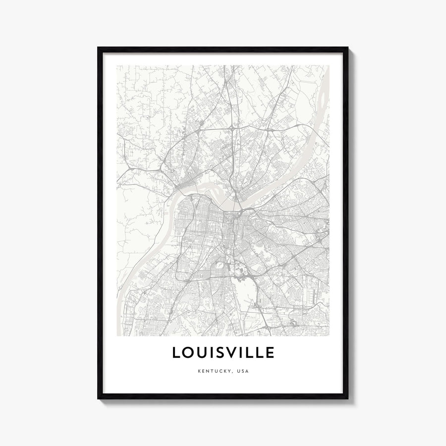 Louisville black & white map poster of Kentucky, USA – vertical wall art, unframed print shown in interior mockup