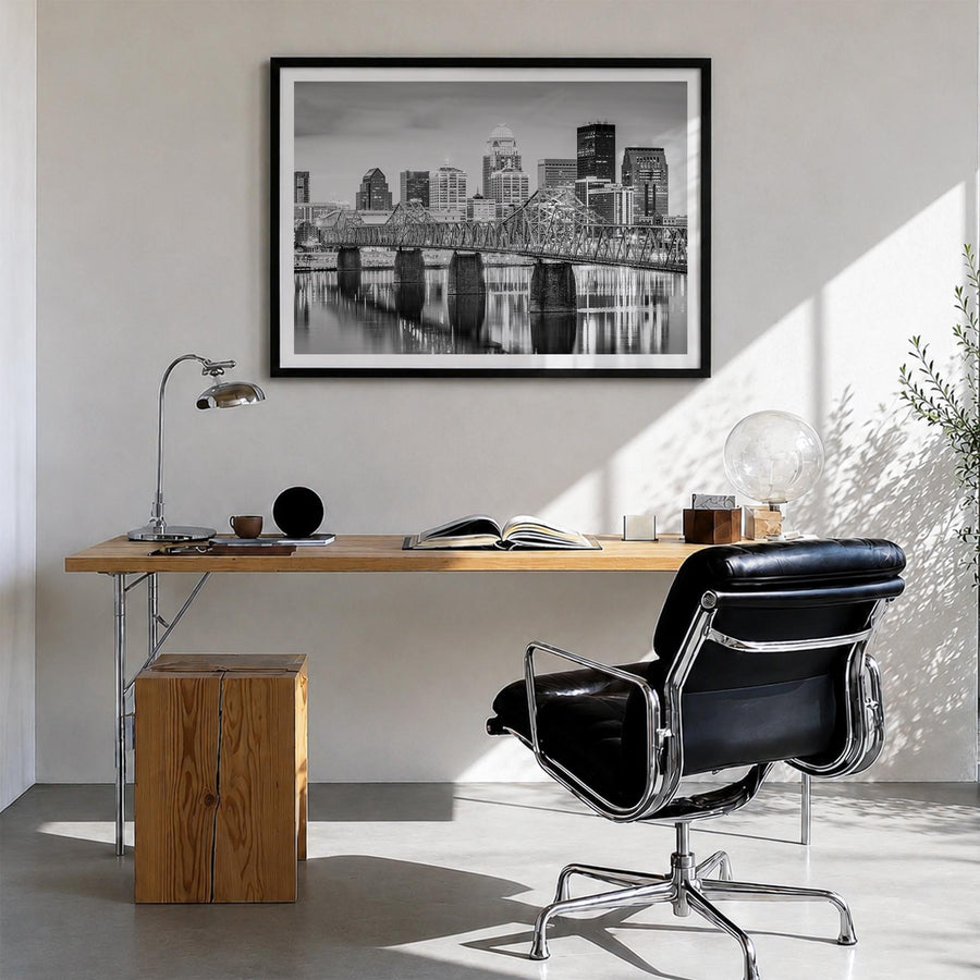 Louisville black & white photo poster of Kentucky, USA – horizontal wall art in black wood frame with white border, hanging o